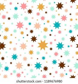 Vector seamless pattern. Simple Abstract design. Little cute geometric stars in punch pastel, festive children’s colors. Perfect for fabric, greeting cards, kids room