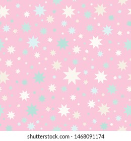 Vector seamless pattern. Simple Abstract design. Little cute geometric stars in punch pastel, festive children’s colors. Perfect for fabric, greeting cards, kids room
