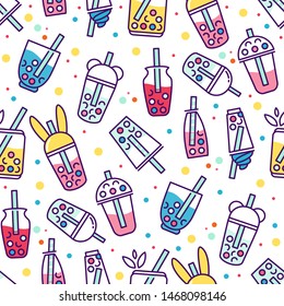 Vector seamless pattern. Simple Abstract design. Little cups of boba tea. Perfect for textile, texture, ornament, modern cottons and more. Elements for tea-houses, coffee houses, restaurant design