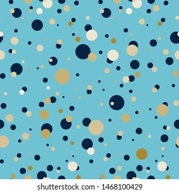 Vector seamless pattern. Simple Abstract design. Little cute shining golden confetti with blue and navy colors. Perfect for textile, texture, ornament, modern cottons and more
