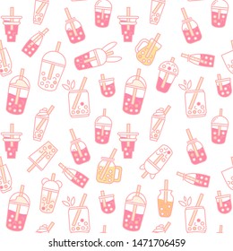 Vector seamless pattern. Simple Abstract design. Little cups of boba tea. Perfect for textile, texture, ornament, modern cottons and more. Elements for tea-houses, coffee houses, restaurant design