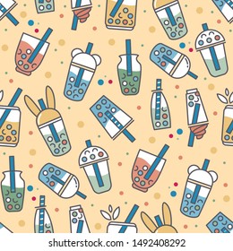 Vector seamless pattern. Simple Abstract design. Little cups of boba tea. Perfect for textile, texture, ornament, modern cottons and more. Elements for tea-houses, coffee houses, restaurant design