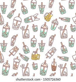 Vector seamless pattern. Simple Abstract design. Little cups of boba tea. Perfect for textile, texture, ornament, modern cottons and more. Elements for tea-houses, coffee houses, restaurant design