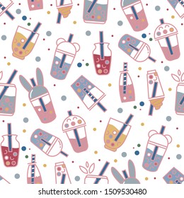 Vector seamless pattern. Simple Abstract design. Little cups of boba tea. Perfect for textile, texture, ornament, modern cottons and more. Elements for tea-houses, coffee houses, restaurant design