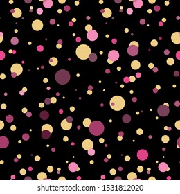 Vector seamless pattern. Simple Abstract design. Little cute shining pink, rose, yellow confetti. Perfect for textile, texture, ornament, modern cottons and more, black background