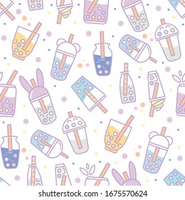 Vector seamless pattern. Simple Abstract design. Little cups of boba tea. Perfect for textile, texture, ornament, modern cottons and more. Elements for tea-houses, coffee houses, restaurant design