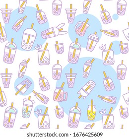 Vector seamless pattern. Simple Abstract design. Little cups of boba tea. Perfect for textile, texture, ornament, modern cottons and more. Elements for tea-houses, coffee houses, restaurant design