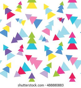 Vector seamless pattern, simple abstract design. Geometric shape, triangle, pine trees, different random colors. Design for background, textile, texture, web, fabric, cotton, wallpaper