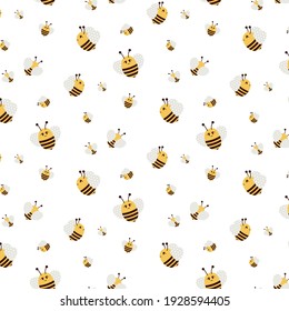 Vector seamless pattern with simple bees. Summer illustration in flat style. Cute background with bumblebees for baby textiles, wrapping paper, party caps, plates and decor.