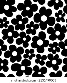 Vector seamless pattern with simple black camomile flower, flat isolated background wallpaper, doodle floral wrapping paper drawing. Sketch illustration, botanical textile print.