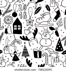 Vector seamless pattern. Simple black and white doodle. Snowman, Christmas tree, ice skate, present, bird, deer horns. Xmas, New Year wrapping paper, greeting card party decoration flyer invitation.