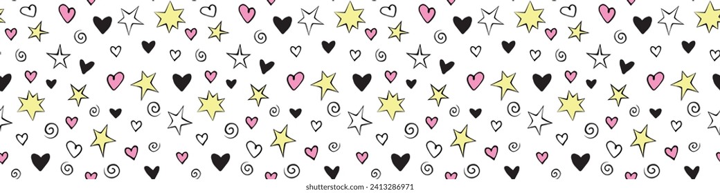 Vector seamless pattern of simple bright elements - stars hearts spirals helixes. Cute background, texture for greeting cards, wrapping paper. Holiday backdrop, Valentine's day, birthday, firework