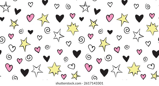 Vector seamless pattern of simple bright elements - stars hearts spirals helixes. Cute background, texture for greeting cards, wrapping paper. Holiday backdrop, Valentine's day, birthday, firework