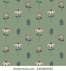 Vector seamless pattern with simple cartoon tulips and daysies. Summer lawn wallpaper. Texture for textile or wrapping paper with abstract blossoming flowers. Repeat botanical ornament in a line art.