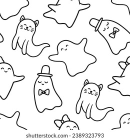 Vector Seamless pattern with simple cute ghost, outline illustration isolated on white. Ghost girl with bow, cat.