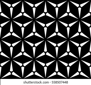 Vector seamless pattern, simple dark geometric triangular texture. Illustration of windmills, fans. Abstract black & white endless background, repeat tiles. Design element for prints, textile, decor.