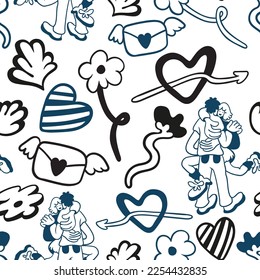 vector seamless pattern with simple doodles. love and relationships. stylish minimalist line pattern. romantic graphic background. Vector hearts, couples, flowers, plants, arrows.