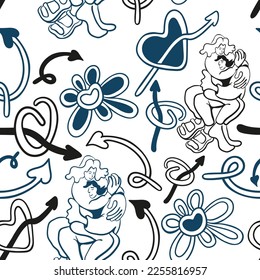 vector seamless pattern with simple doodles. love and relationships. stylish minimalist line pattern. romantic graphic background. Vector hearts, couples, flowers, plants, arrows.