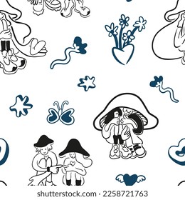 vector seamless pattern with simple doodles. love and relationships. stylish minimalist line pattern. romantic graphic background. Vector hearts, couples, flowers, plants, arrows.
