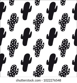 Vector seamless pattern with simple dotted cactus in black on white background. Design for fabric and decoration. 