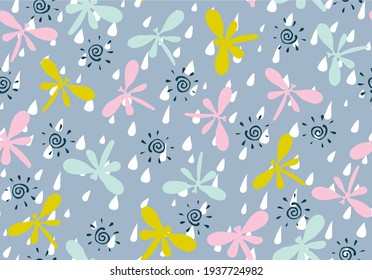 Vector seamless pattern with simple dragonflies drawn by children's hands. Trendy and fashionable print for boys and girls. Illustration for envelopes, textiles, notebooks, and holidays.