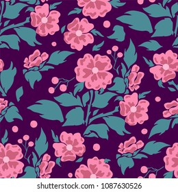 Vector seamless pattern, simple flat design. Silhouette of flowers with branches, leaves and tiny berries. Abstract briar, dog-roses. Perfect for cotton fabric, texture, paper, and more backgrounds