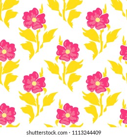Vector seamless pattern, simple flat design. Silhouette of flowers with branches and leaves. Abstract roses, modern punch pastel colors. Perfect for cotton fabric, texture, paper, and more backgrounds