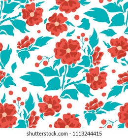 Vector seamless pattern, simple flat design. Silhouette of flowers with branches, leaves and berries. Abstract roses, modern punch pastel colors. Perfect for cotton fabric, texture, paper, shawls 
