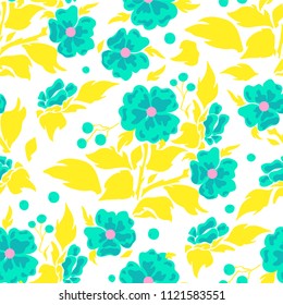 Vector seamless pattern, simple flat design. Silhouette of flowers with branches, leaves and berries. Abstract roses, modern punch pastel colors. Perfect for cotton fabric, texture, paper, shawls 
