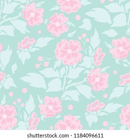 Vector seamless pattern, simple flat design. Silhouette of flowers with branches, leaves and tiny berries. Abstract briar, dog-roses. Perfect for cotton fabric, texture, paper, and more backgrounds