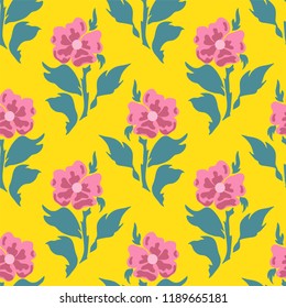 Vector seamless pattern, simple flat design. Silhouette of flowers with branches and leaves. Abstract roses, modern trendy colors. Perfect for cotton fabric, texture, paper, and more backgrounds