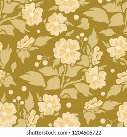Vector seamless pattern, simple flat design. Silhouette of flowers with branches, leaves and tiny berries. Abstract briar, dog-roses. Perfect for cotton fabric, texture, paper, and more backgrounds