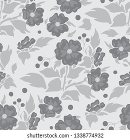 Vector seamless pattern, simple flat design. Silhouette of flowers with branches, leaves and tiny berries. Abstract briar, dog-roses. Perfect for cotton fabric, texture, paper, and more backgrounds