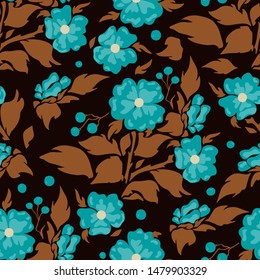 Vector seamless pattern, simple flat design. Silhouette of flowers with branches, leaves and tiny berries. Abstract briar, dog-roses. Perfect for cotton fabric, texture, paper, and more backgrounds