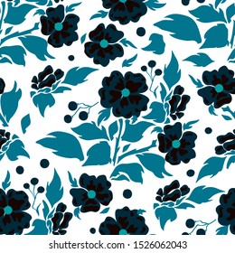 Vector seamless pattern, simple flat design. Silhouette of flowers with branches, leaves and berries. Abstract roses, modern punch pastel colors. Perfect for cotton fabric, texture, paper, shawls 