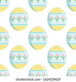 Vector seamless pattern, simple flat design. Eastern eggs with cute ornament on white background. Lovely pastel colors