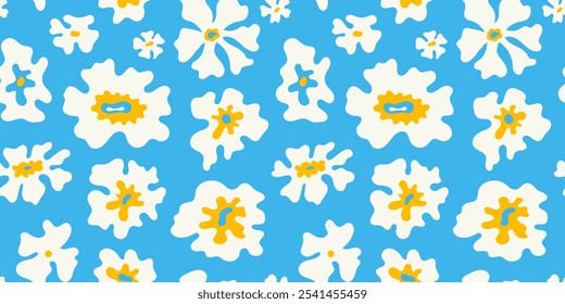 Vector seamless pattern in simple floral wavy and groovy naive style, flowers and plants, floral botanic hand drawn design templates, modern art prints, surface design