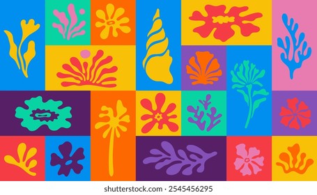 Vector seamless pattern in simple floral wavy and groovy naive style, flowers and plants, floral botanic hand drawn design templates, modern art prints, surface design