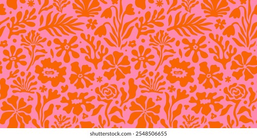 Vector seamless pattern in simple floral wavy and groovy naive style, flowers and plants, floral botanic hand drawn design templates, modern art prints, surface design