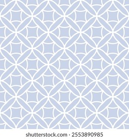 Vector seamless pattern. Simple floral grid geometric ornament. Abstract blue and white background texture with curved lines, flower silhouettes, lattice, repeat tiles. Elegant vintage geo design