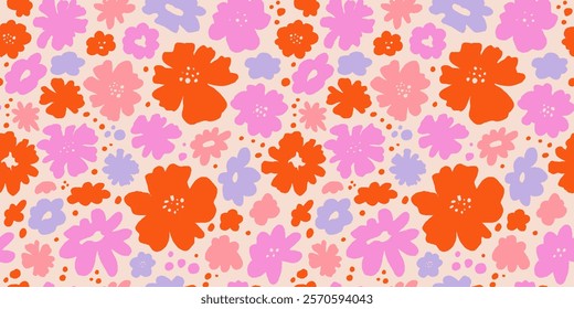 Vector seamless pattern in simple floral wavy and groovy naive style, flowers and plants, floral botanic hand drawn design templates, modern art prints, surface design

