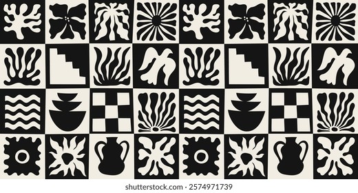 Vector seamless pattern in simple floral wavy and groovy naive style, flowers and plants, floral botanic hand drawn design templates, modern art prints, surface design
