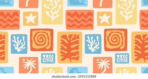 Vector seamless pattern in simple floral wavy and groovy naive style, ocean and vacation theme,  flowers and plants, floral botanic hand drawn design templates, modern art prints, surface design
