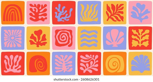 Vector seamless pattern in simple floral wavy and groovy naive style, ocean and vacation theme,  flowers and plants, floral botanic hand drawn design templates, modern art prints, surface design
