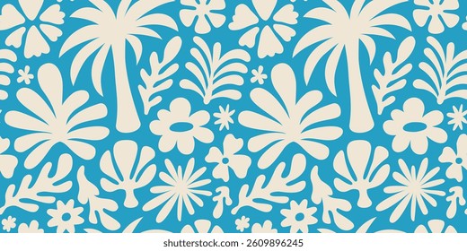 Vector seamless pattern in simple floral wavy and groovy naive style, flowers and plants, floral botanic hand drawn design templates, modern art prints, surface design, holiday and beach theme

