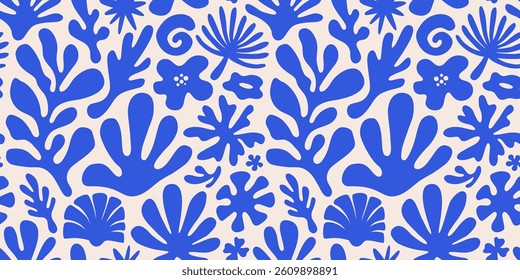 Vector seamless pattern in simple floral wavy and groovy naive style, flowers and plants, floral botanic hand drawn design templates, modern art prints, surface design, holiday and beach theme

