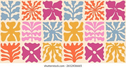 Vector seamless pattern in simple floral wavy and groovy naive style, ocean and vacation theme,  flowers and plants, floral botanic hand drawn design templates, modern art prints, surface design

