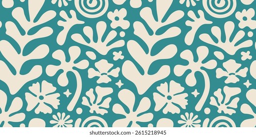 Vector seamless pattern in simple floral wavy and groovy naive style, flowers and plants, floral botanic hand drawn design templates, modern art prints, surface design, holiday and beach theme


