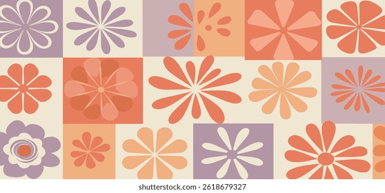 Vector seamless pattern in simple floral wavy and groovy naive style, ocean and vacation theme