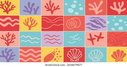 Vector seamless pattern in simple floral wavy and groovy naive style, ocean and vacation 